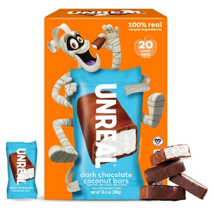 Front of Unreal Dark Chocolate Coconut Bars Halloween Healthy Halloween Treats