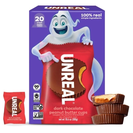 Front of Unreal Dark Chocolate Peanut Butter Cups - Healthy Peanut Butter Cups - Healthy Halloween Chocolate - Low Sugar Halloween Chocolates