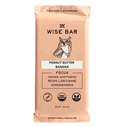 Front of Wise Bar Organic Functional Adaptogen Energy Bar Peanut Butter Banana